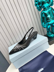 PRADA 26S POINTED TOE SLINGBACK 40MM IN BLACK CALFSKIN CRYSTAL EMBELLISHED