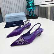 PRADA 26S POINTED TOE SLINGBACK 40MM IN PURPLE SATIN CRYSTAL EMBELLISHED