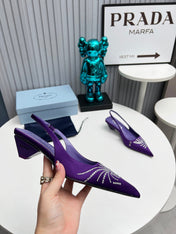 PRADA 26S POINTED TOE SLINGBACK 40MM IN PURPLE SATIN CRYSTAL EMBELLISHED