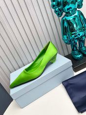 PRADA 26S POINTED TOE PUMPS 40MM IN APPLE GREEN SATIN