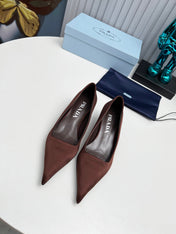 PRADA 26S POINTED TOE PUMPS 40MM IN DARK BROWN SATIN