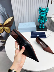 PRADA 26S POINTED TOE PUMPS 40MM IN DARK BROWN SATIN