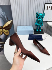 PRADA 26S POINTED TOE PUMPS 40MM IN DARK BROWN SATIN