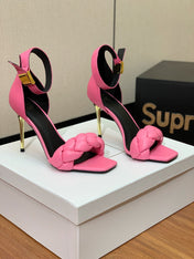 BALMAIN 26S BRAIDED-STRAP HIGH-HEEL SANDALS 95 MM IN PINK CALFSKIN