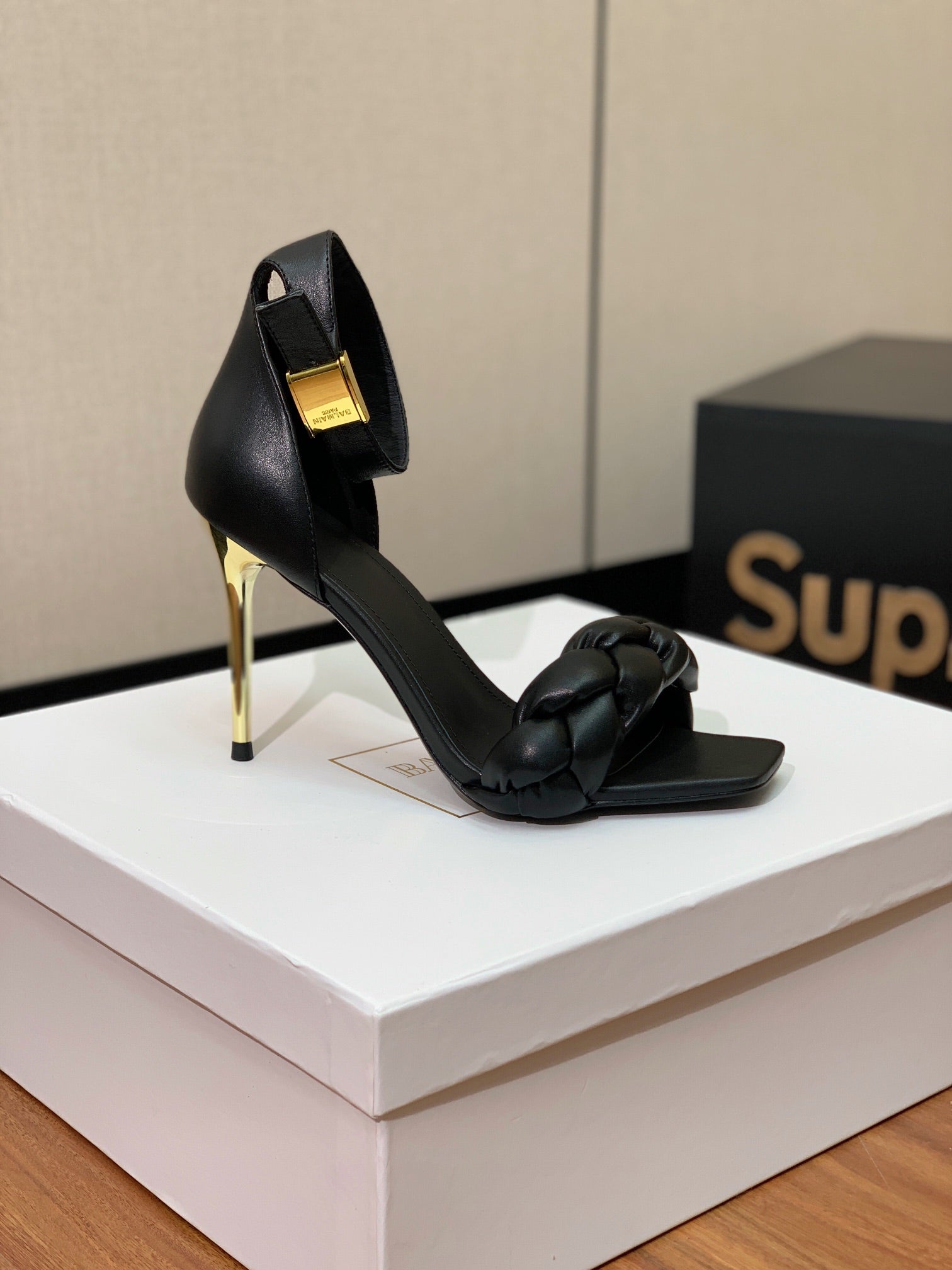 BALMAIN 26S BRAIDED-STRAP HIGH-HEEL SANDALS 95 MM IN BLACK CALFSKIN