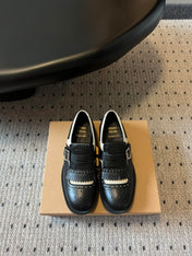MIUMIU 26S FRINGE BUCKLE LOAFERS IN BLACK CALFSKIN