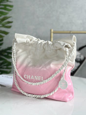 CHANEL 22 BAG 25S 37 CM IN PASTEL PINK MIX WHITE LAMBSKIN WITH WHITE HARDWARE