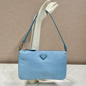 SHOULDER BAG 24 WITH TRIANGLE LOGO IN SKY BLUE RE-NYLON FABRIC