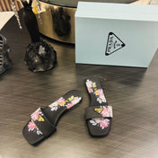 PRA PRINTED SLIDES SLIPPERS BLACK SATIN