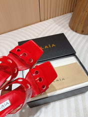 ALAIA TWO-STRAPS HIGH HEEL SANDALS IN CHERRY RED PATENT LAMBSKIN