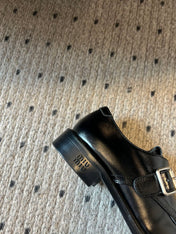 MIUMIU 26S SLIP-ON LOAFERS IN BLACK CALFSKIN SQUARE BUCKLE