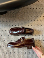 MIUMIU 26S SLIP-ON LOAFERS IN DARK REDDISH BROWN CALFSKIN SQUARE BUCKLE