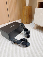 CC HIGH HEEL BLACK SATIN WITH WHITE RHINESTONES