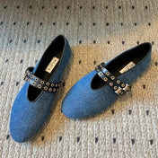 ALAIA MARY JANE SHOES IN CERULEAN BLUE ZP CUSTOM STRAW AND DENIM
