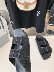 BIRKENSTOCK SLIPPERS ATTACHED RHINESTONES IN BLACK CALFSKIN