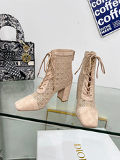 NAUGHTILY-D HEELED ANKLE BOOT IN BISQUE BEIGE CANNAGE MOTIF MESH AND SUEDE 8 CM