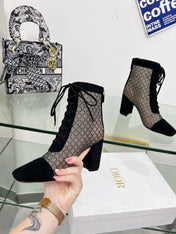 NAUGHTILY-D HEELED ANKLE BOOT IN BLACK EMBROIDERED MESH AND SUEDE 8 CM
