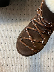 MIUMIU 26S LACE-UP ANKLE BOOTS IN DARK BROWN SUEDE AND WOOL