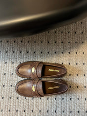 MIUMIU 26S PENNY LOAFERS IN BROWN CALFSKIN GOLD HARDWARE