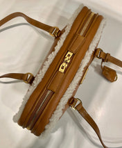 TOP HANDLE BAG 27 IN BRONZE BROWN SHEEPSKIN AND SHEARLING TRIM