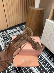STRAP HIGH HEEL SANDALS IN CHOCOLATE SHINY LAMBSKIN