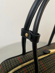BEAU TOP HANDLE BAG 27 IN LODEN GREEN TARTAN AND BLACK LEATHER TRIM