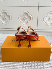 BLOSSOM SLINGBACKS 75 MM IN CHERRY RED IMPORTED STRIPED SILK SATIN