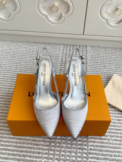 BLOSSOM SLINGBACKS 75 MM IN SILVER IMPORTED STRIPED SILK SATIN