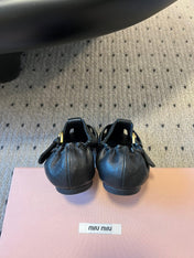 MIUMIU 26S FISHERMAN SANDALS IN BLACK RUCHES NAPPA CALFSKIN