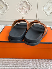 HM 26S KELLY BUCKLE DOUBLE STRAP SANDALS IN BROWN SUEDE SILVER HARDWARE