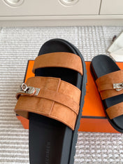 HM 26S KELLY BUCKLE DOUBLE STRAP SANDALS IN BROWN SUEDE SILVER HARDWARE