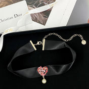 CD 26S HEART CRYSTAL PEARL DROP RIBBON CHOKER NECKLACE IN GOLD METAL