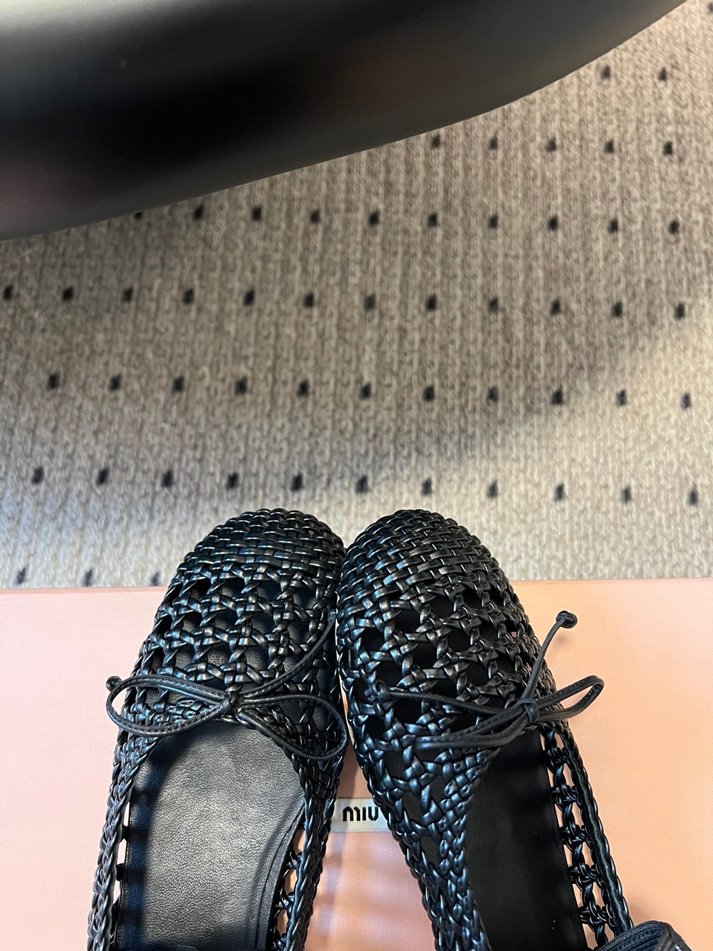 MIUMIU 26S BALLERINA FLATS IN BLACK MESH SHEEPSKIN