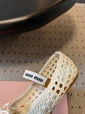 MIUMIU 26S BALLERINA FLATS IN CREAM WHITE MESH SHEEPSKIN