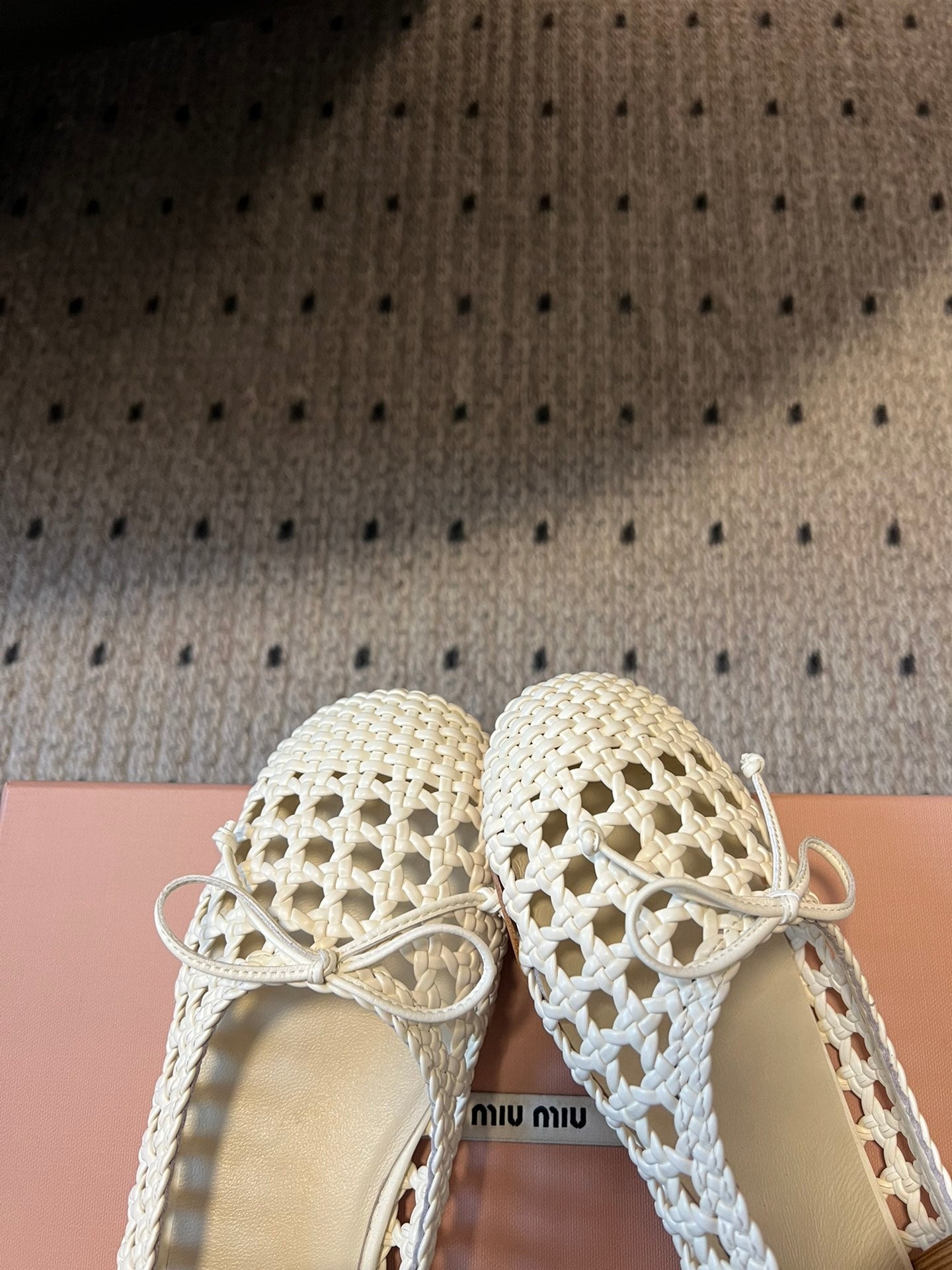 MIUMIU 26S BALLERINA FLATS IN CREAM WHITE MESH SHEEPSKIN