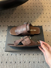 PRADA 25S SHUFFLE LEATHER THONG SANDALS IN BROWN CALFSKIN