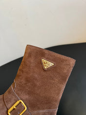 PRADA 25S PLATFORM ANKLE BOOTS IN BROWN SUEDE WITH GOLD HARDWARE