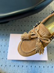 MIUMIU 26S TASSEL LOAFERS IN CARAMEL BROWN SUEDE