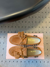 MIUMIU 26S TASSEL LOAFERS IN CARAMEL BROWN SUEDE