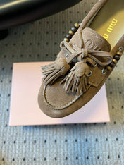 MIUMIU 26S TASSEL LOAFERS IN TAUPE BROWN SUEDE