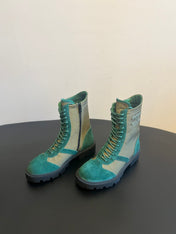 CELINE 26S LACE-UP ANKLE BOOTS IN TEAL GREEN SUEDE AND GRAYISH GREEN LAMBSKIN