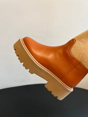 CELINE 26S HIGH-TOP BOOTS 60 MM IN ORANGE BROWN CALFSKIN AND BEIGE WOOL