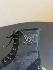 CELINE 26S MARGARET COMBAT BOOT 45 MM IN BLACK CANVAS AND SUEDE