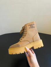 CELINE 26S BULKY LACE-UP BOOTS 45 MM IN SAND BEIGE CANVAS AND CALFSKIN