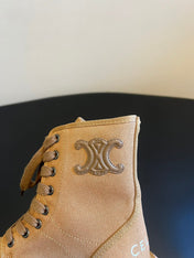 CELINE 26S BULKY LACE-UP BOOTS 45 MM IN SAND BEIGE CANVAS AND CALFSKIN
