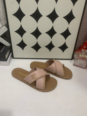 CHANEL 26S SANDALS IN TAUPE PINK CALFSKIN WITH DOUBLE C CHAIN DETAIL
