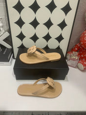 CHANEL 26S THONG SANDALS IN BEIGE LAMBSKIN WITH FLORAL
