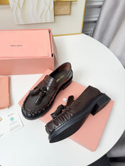 MIUMIU 26S TASSEL LOAFERS IN DARK BROWN CALFSKIN