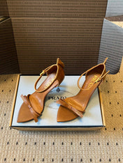 PRADA 26S POINTED-TOE STRAPPY HIGH-HEEL SANDALS 80MM IN CARAMEL BROWN CALFSKIN