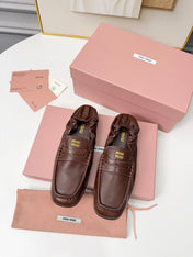 MIUMIU 26S RUCHES LOAFERS IN DARK BROWN LAMBSKIN